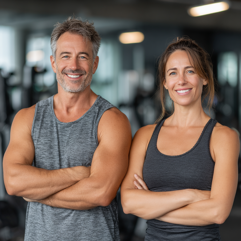 Confident middle-aged man and woman in their 40s wearing athletic clothing, standing together in a modern fitness facility with natural lighting, both smiling and looking energetic and healthy, demonstrating active lifestyle and fitness motivation for mature adults