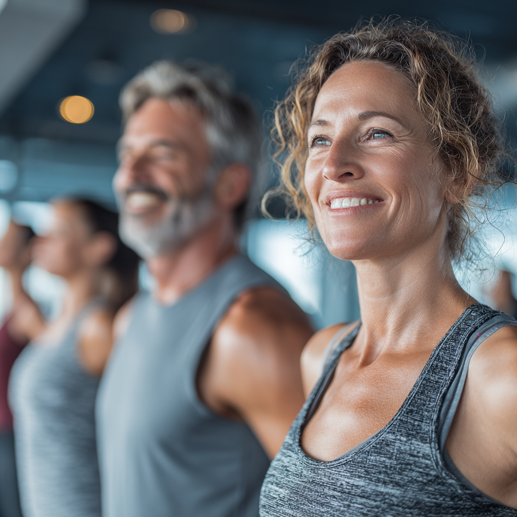 Group of diverse adults in their 40s and 50s doing fitness exercises together in a bright, modern gym environment, showing teamwork and healthy lifestyle, with professional trainer guidance and supportive community atmosphere